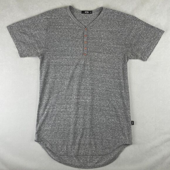 EPTM Shirt Mens M Heather Gray Longline Curved Hem Henley Short Sleeve Made USA - Picture 1 of 6